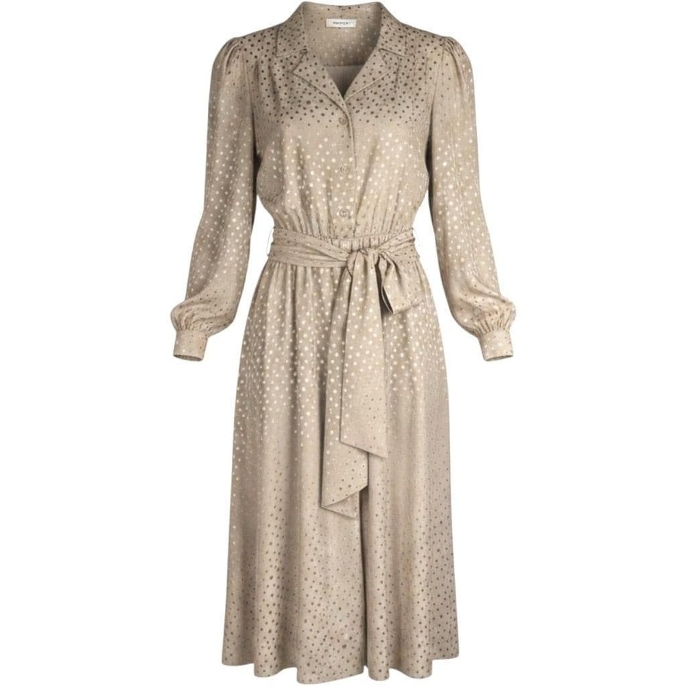 Vtg 80s Feminine 100% SILK Taupe Jacquard Polka Dot  Dress Tie Waist Long Sleeve